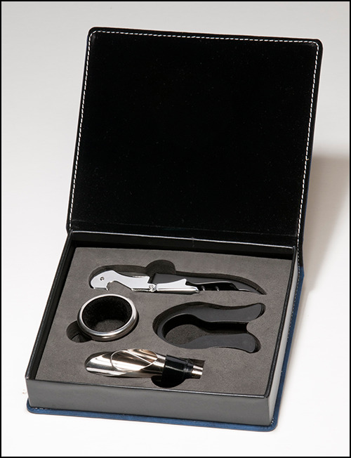 Blue Marbleized Leather Wine Gift Set.