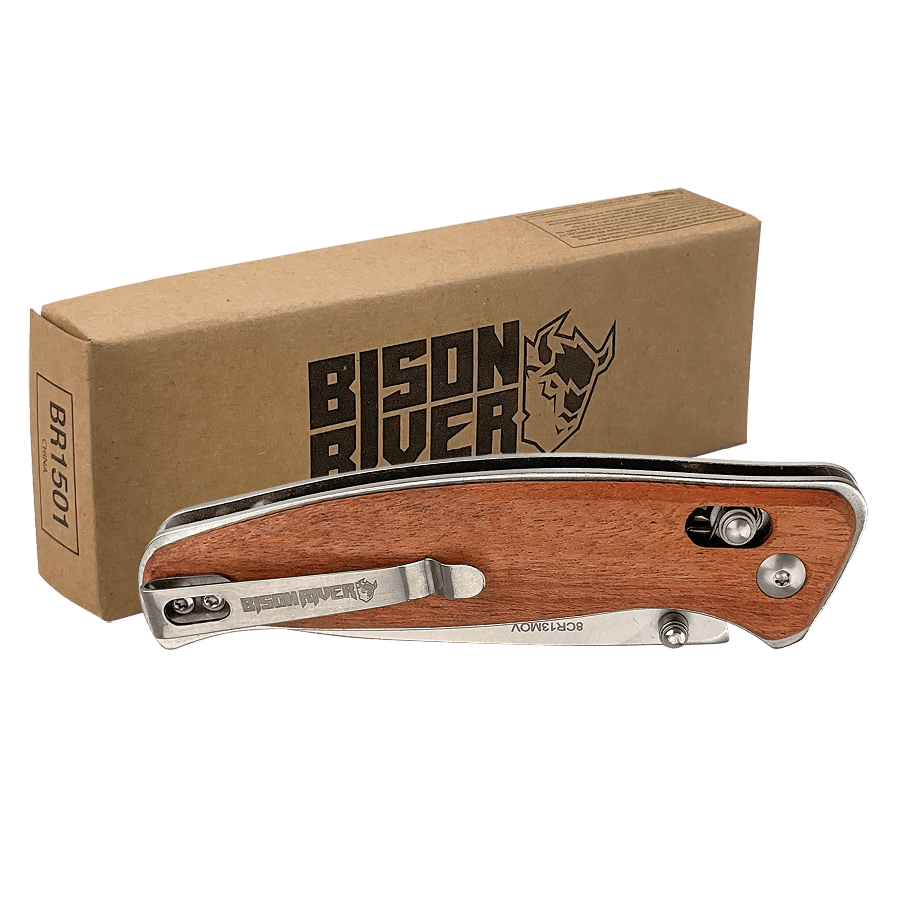 Wood Button Lock Knife with Leather Sheath.