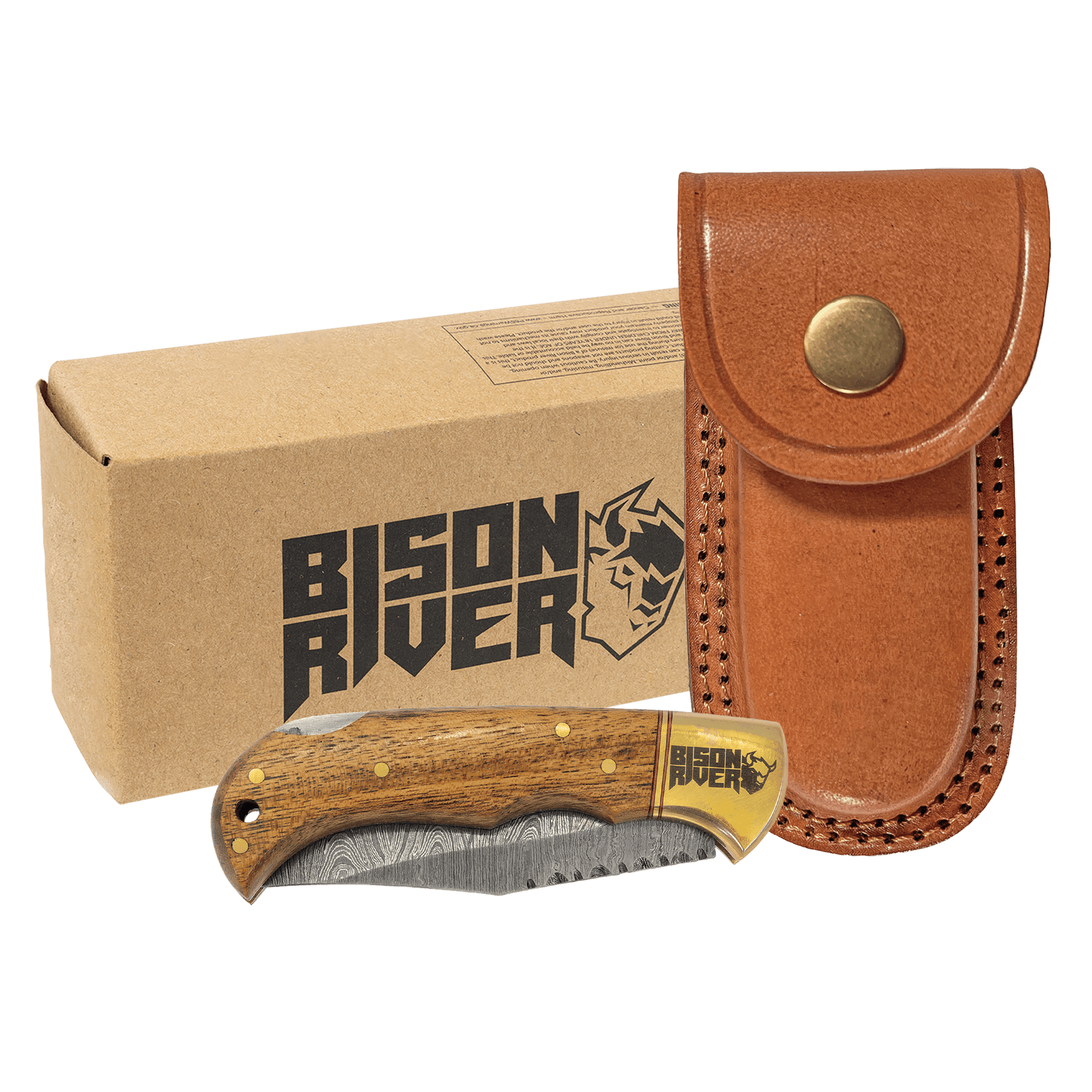 Wood Folding Knife with Leather Sheath.