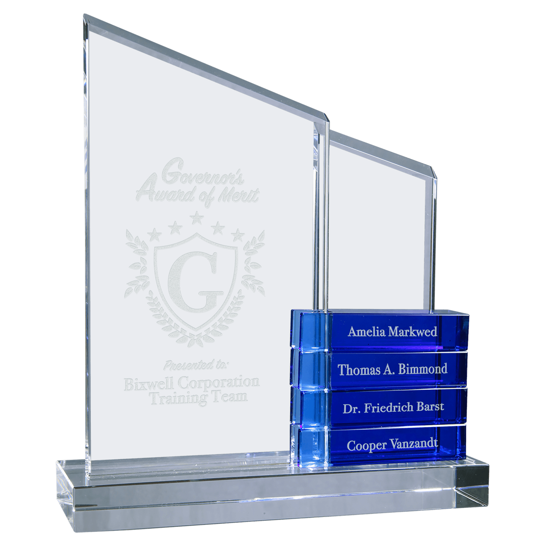 Crystal Perpetual Standup Plaque with 4 Black Crystal Blocks.