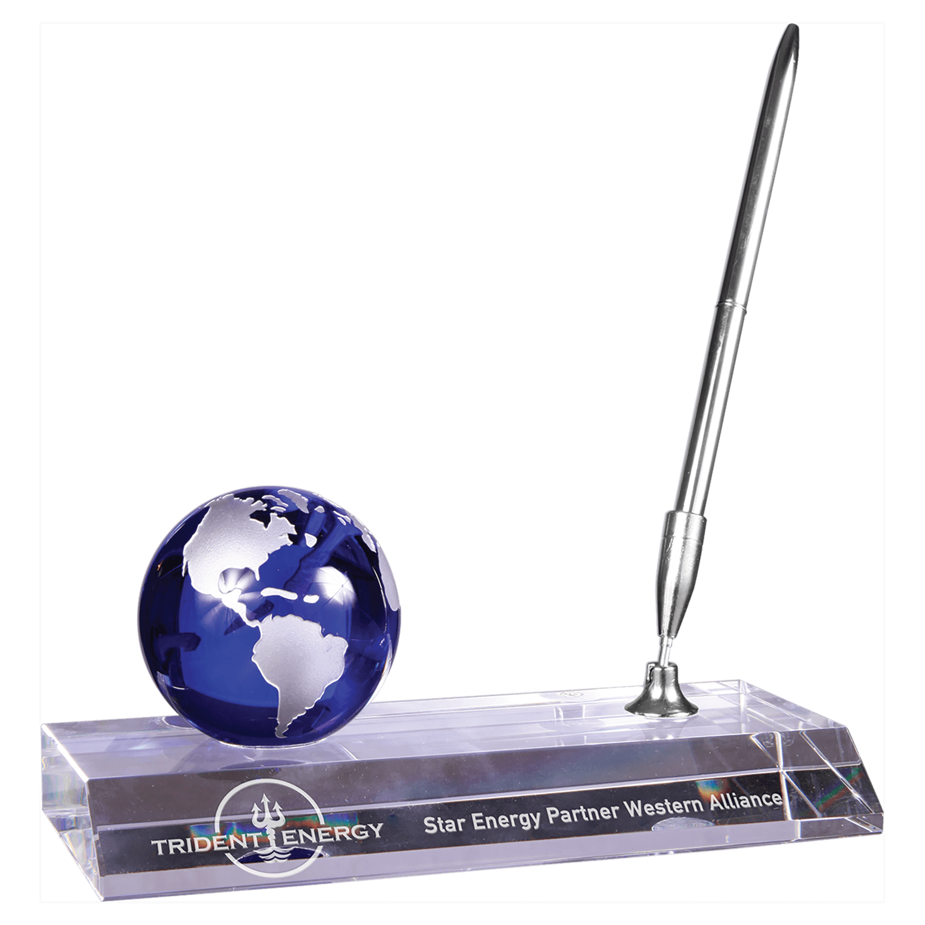 Blue Crystal Globe with Base and Pen.