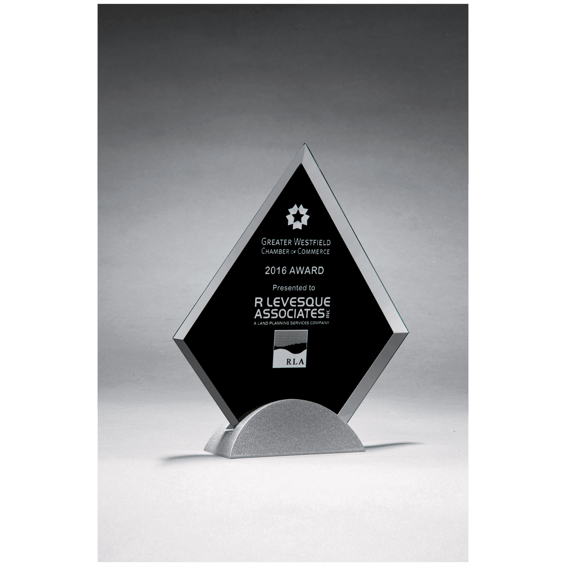 Diamond Shaped Glass Award, Black Silkscreen on Silver Metal Base.