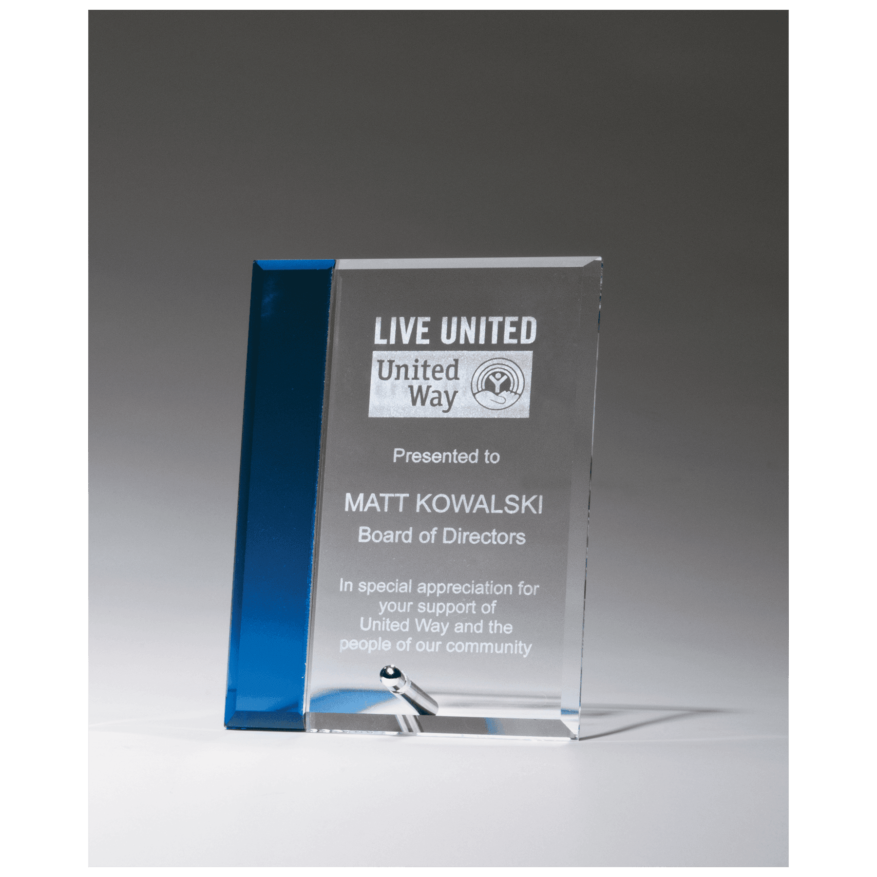Clear Glass with Sapphire Blue Highlight and Silver Plated Easel Post.