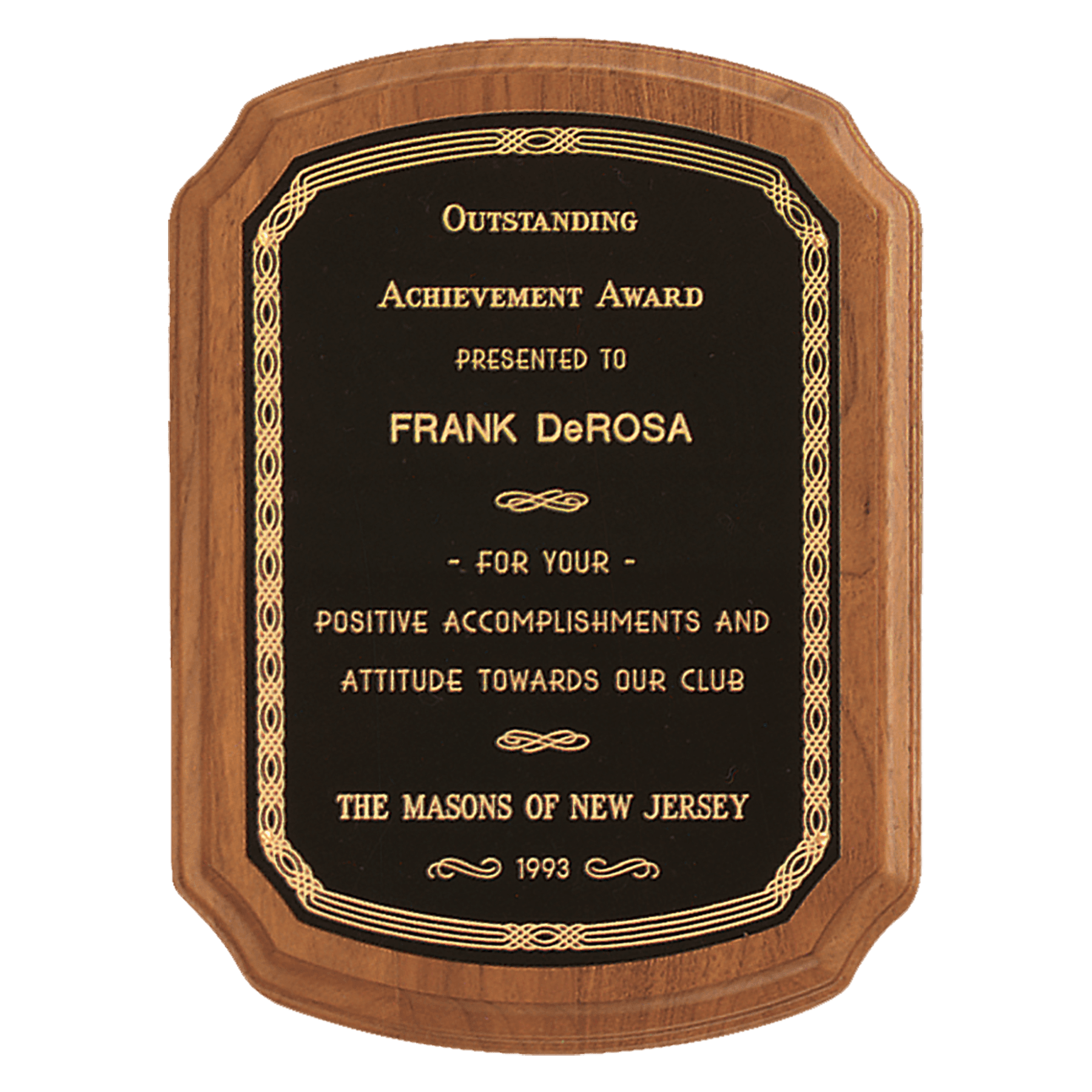 Walnut Plaque with Black/Gold Border Brass Plate.