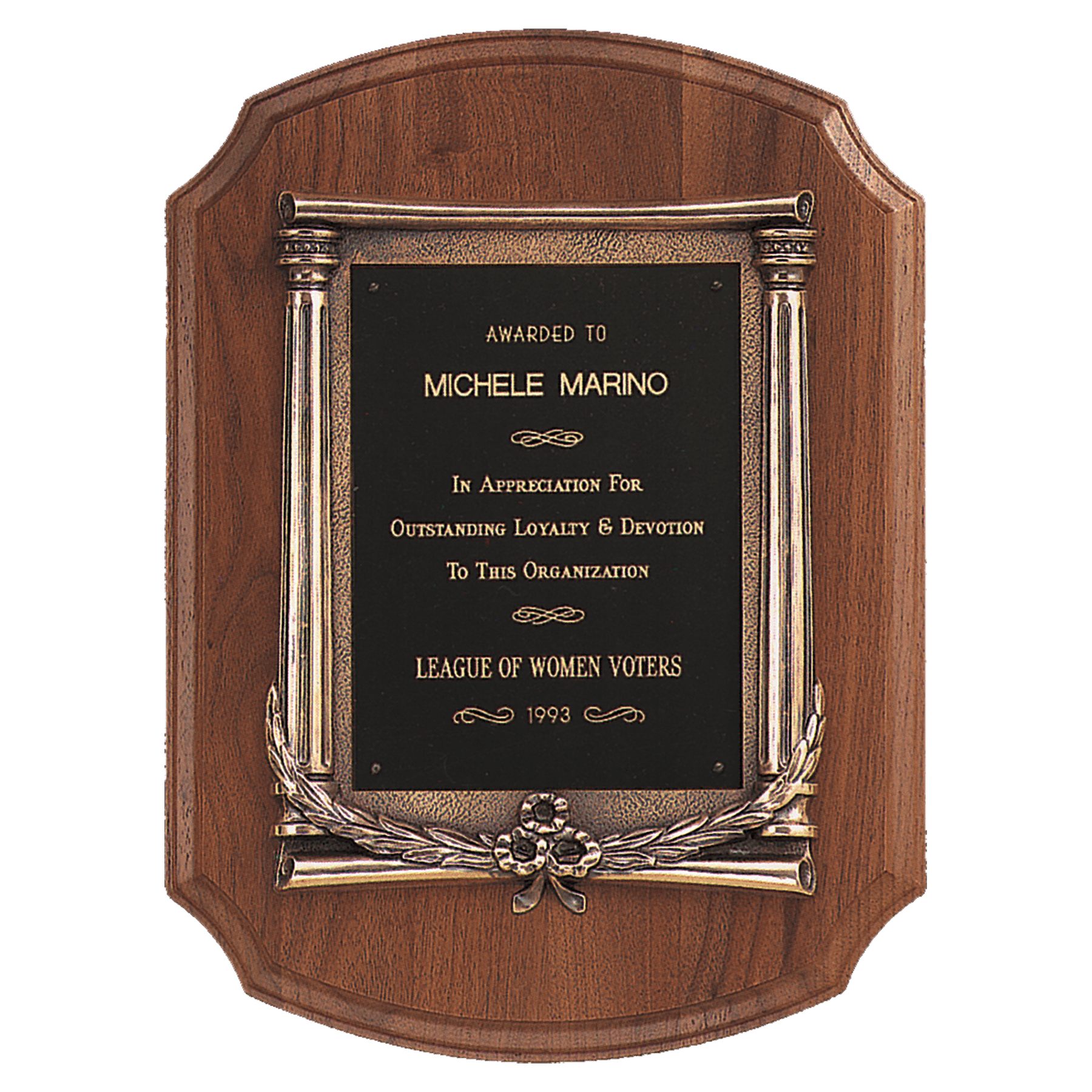Walnut Notch Corner Plaque w/Antique Bronze Frame.
