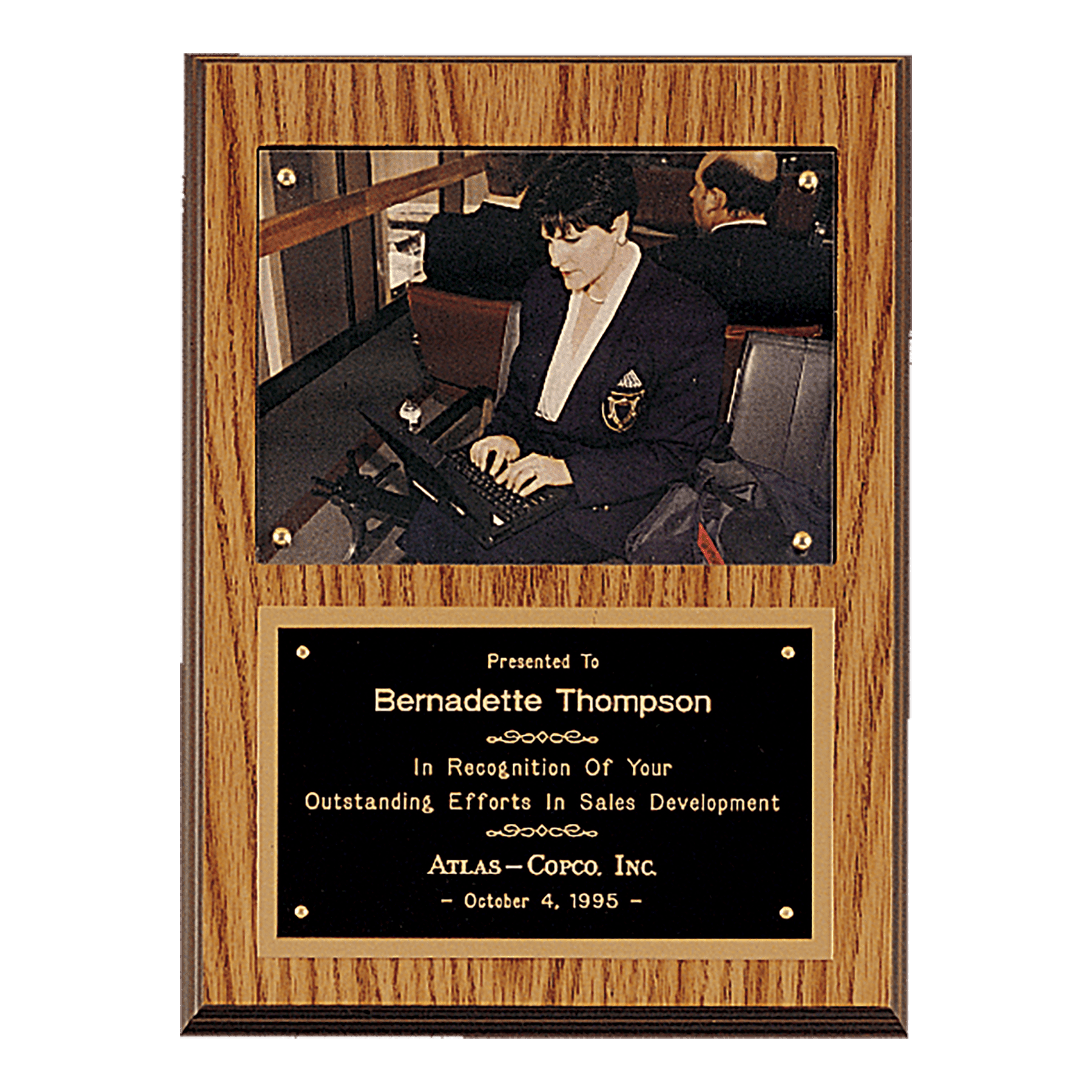 Oak Finish Photo Plaque with Black Brass Plates-Photo Size 5" x 7".