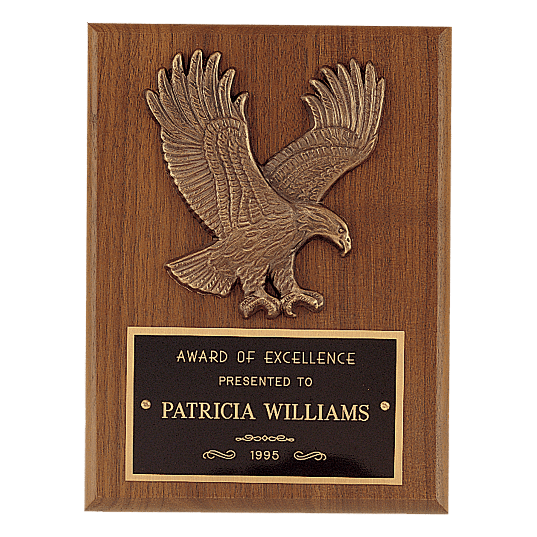 Walnut Plaque with Antique Bronze Eagle and Black Brass Plate.