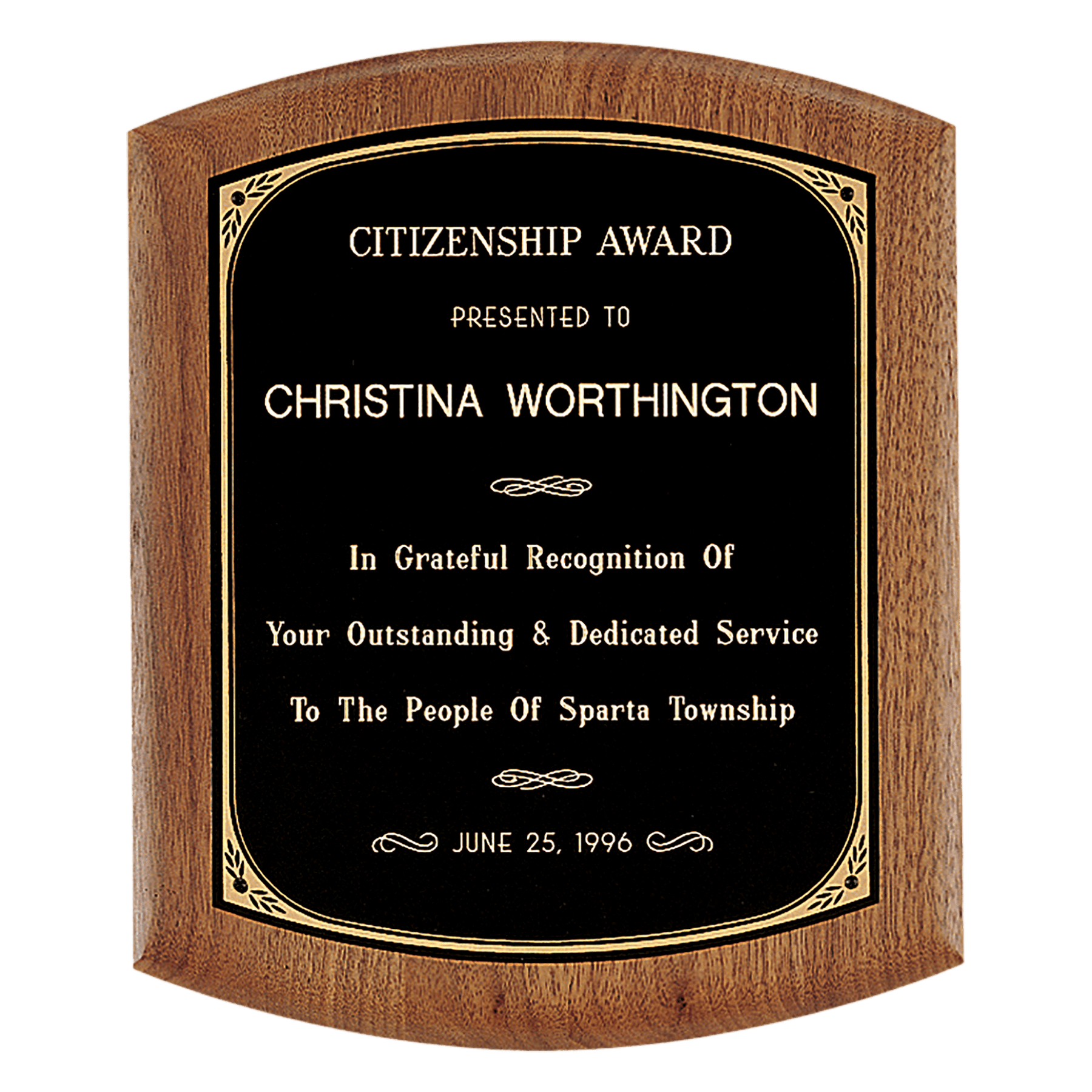 Walnut Plaque with Black/Gold Border Brass Plate.