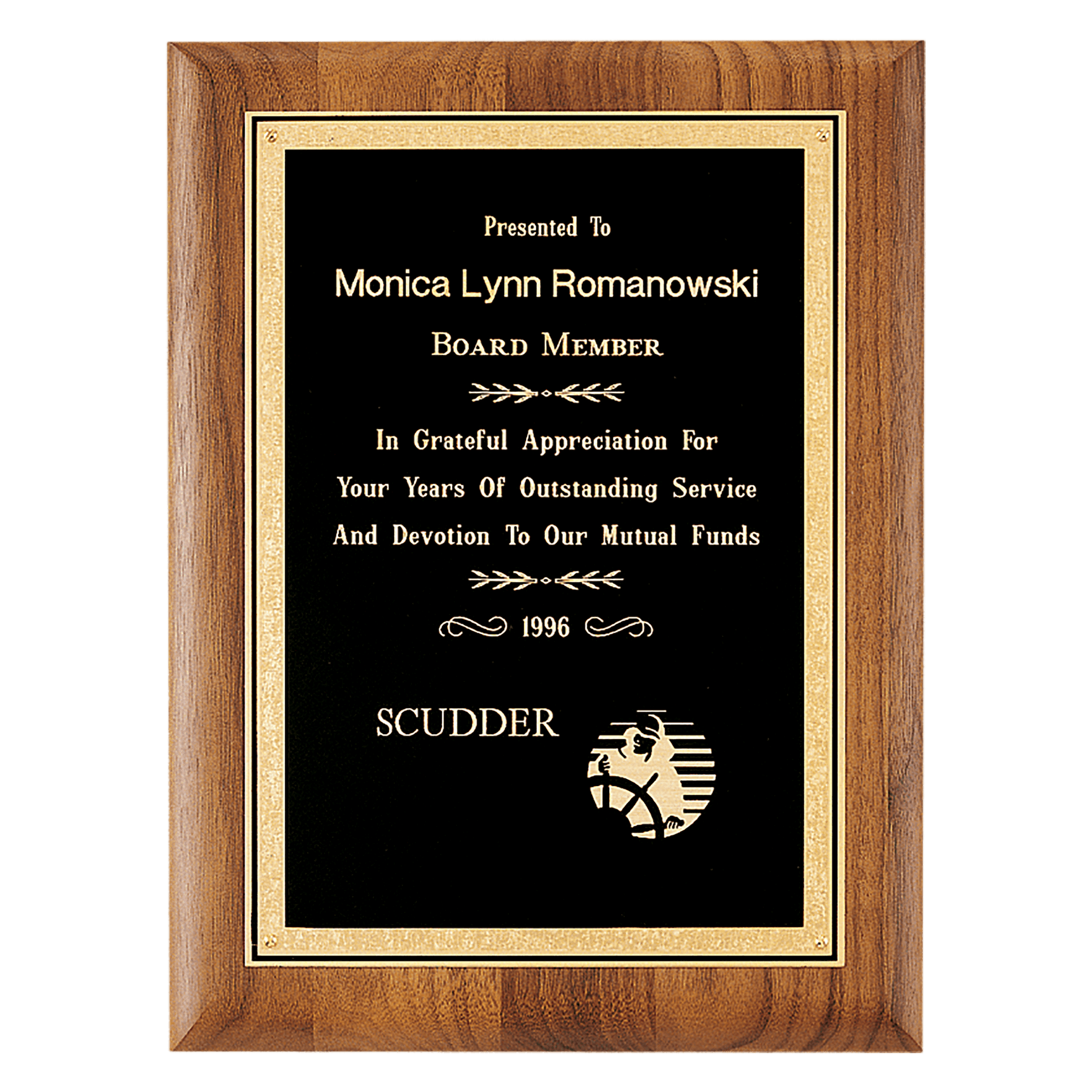 Walnut Plaque with Black/Gold Border Brass Plate.