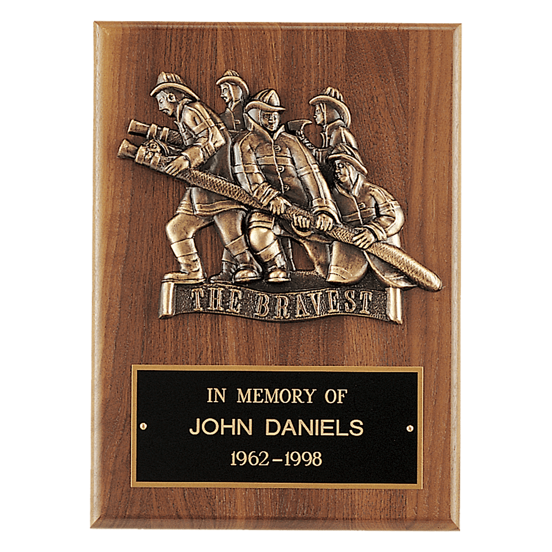 Walnut Plaque with Bronze Cast Fire Department "Bravest".