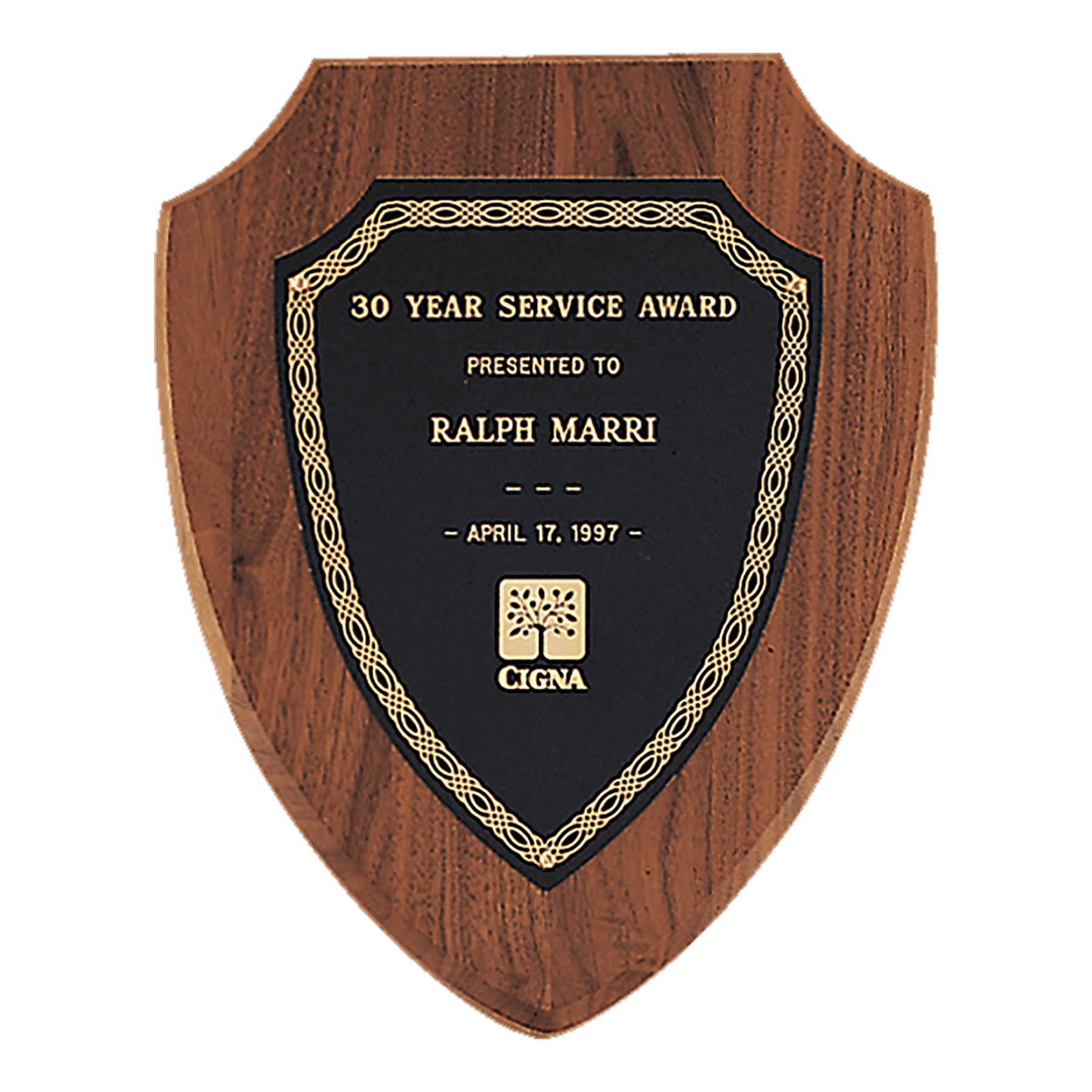 American Walnut Shield Plaque with Black/Gold Plate.