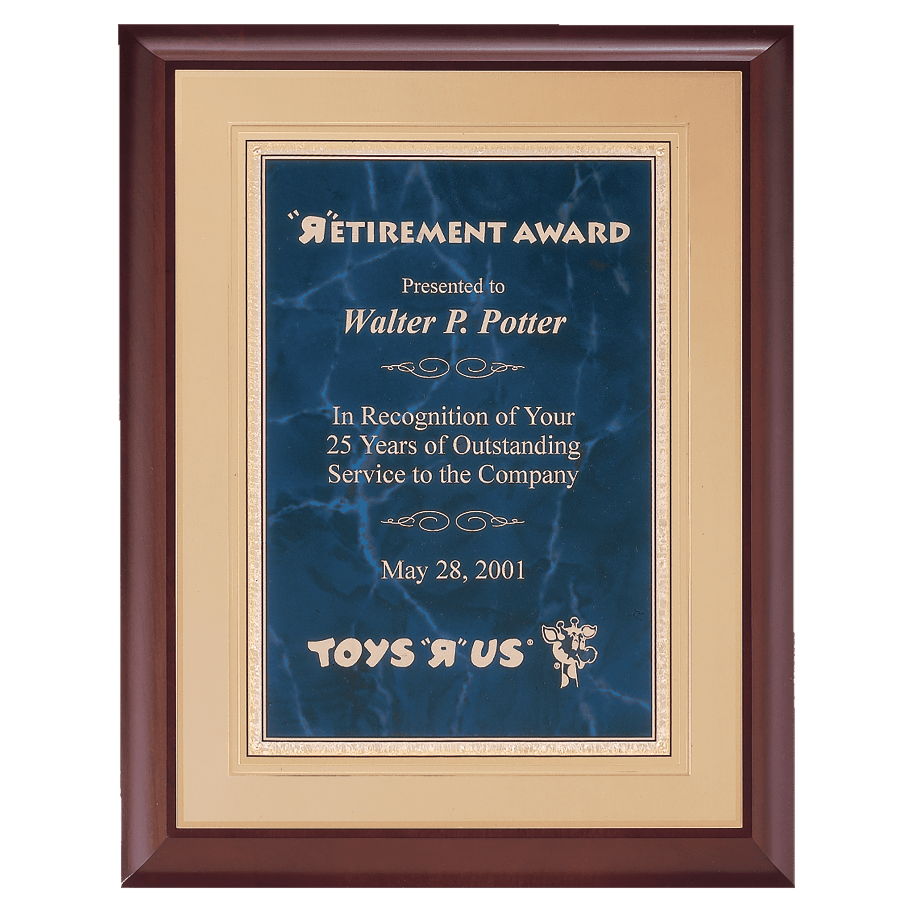 Cherry Finish Plaque, Sapphire Marble/Gold Florentine.