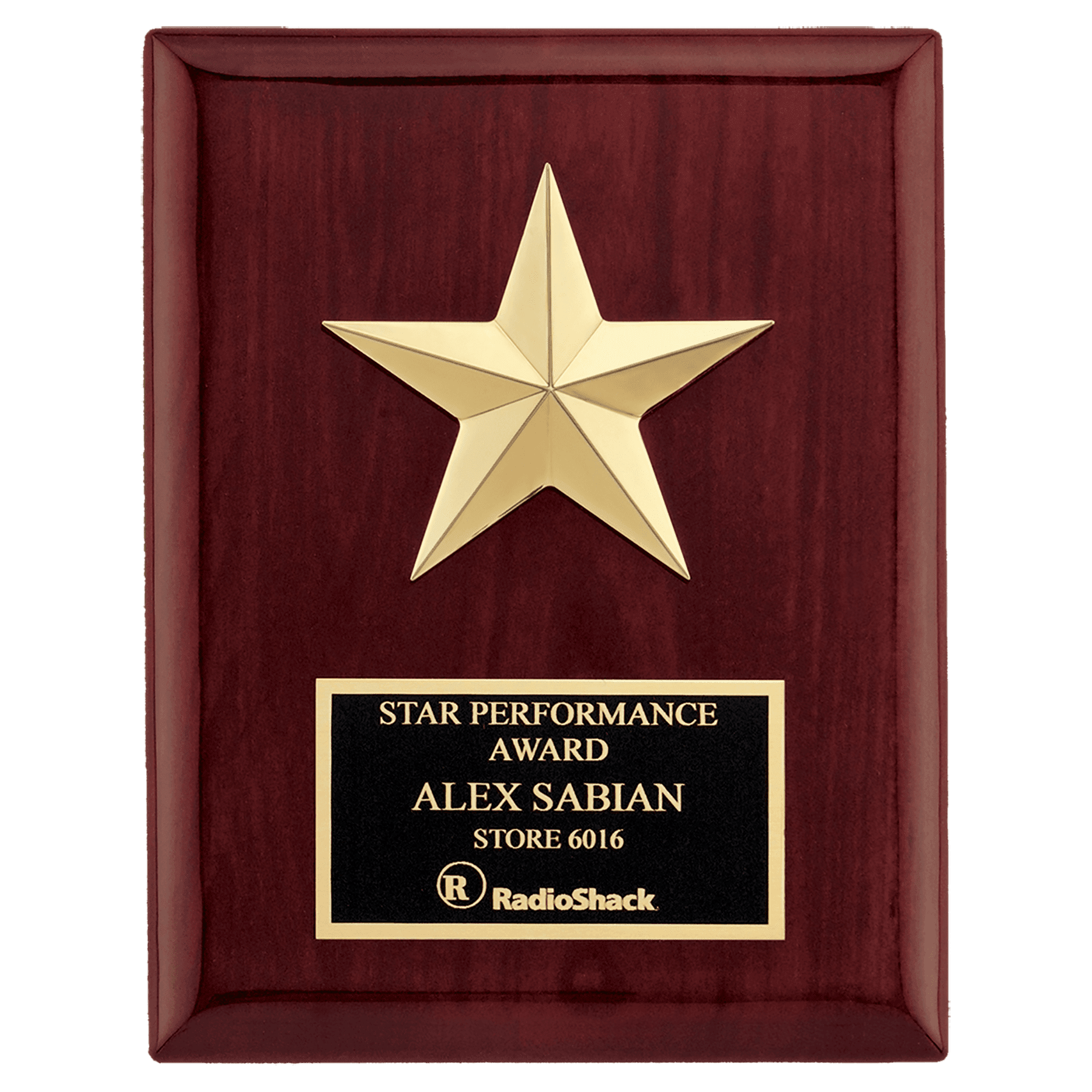 Rosewood Piano Finish Plaque w/Gabled Point Gold Star.