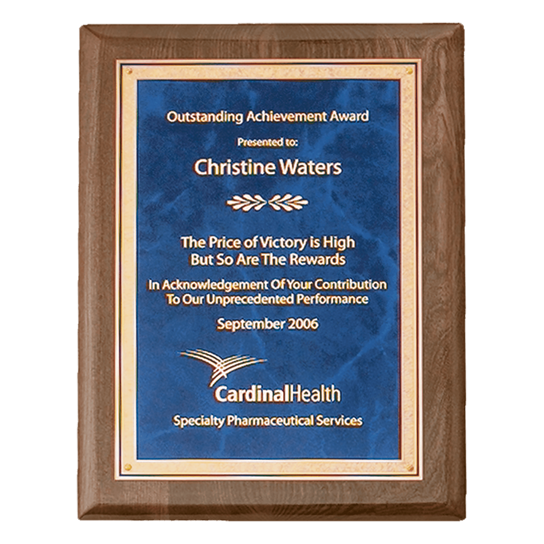 Walnut Stain Piano Premium Plaque with Sapphire Marble/Gold.