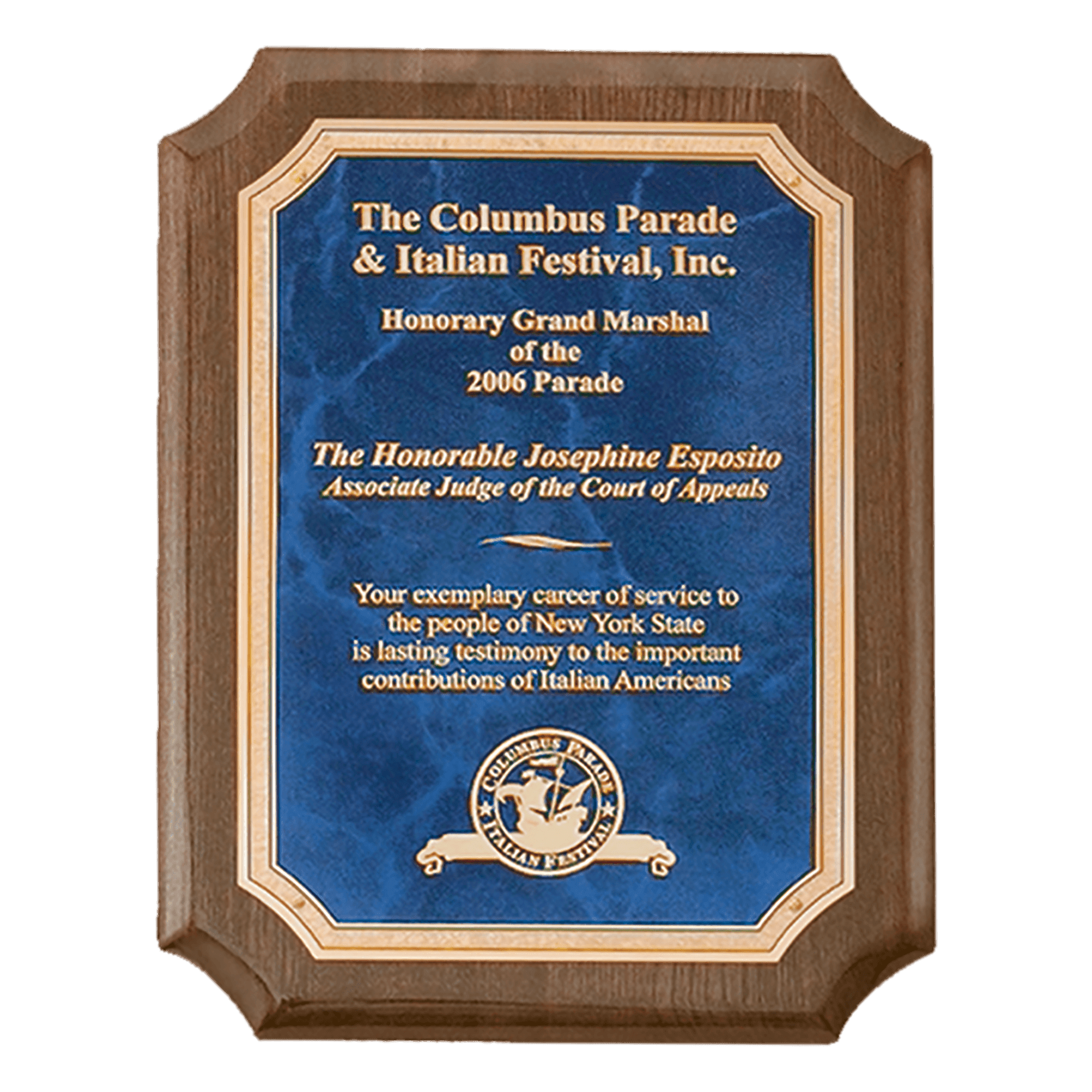 Walnut Stain Piano Premium Plaque with Sapphire Marble/Gold.