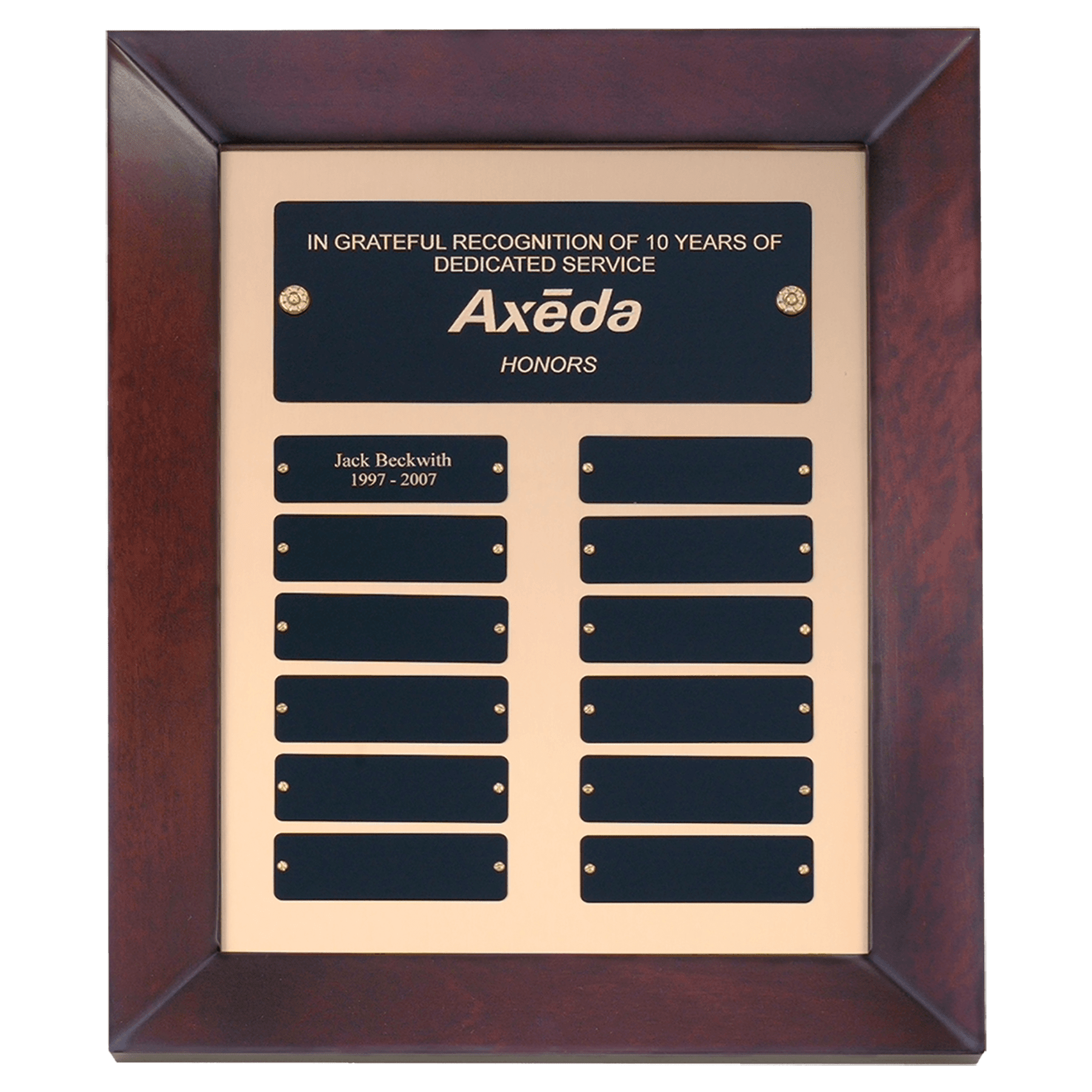 Cherry Finish Perpetual Plaque w/12 Black Brass Plates.
