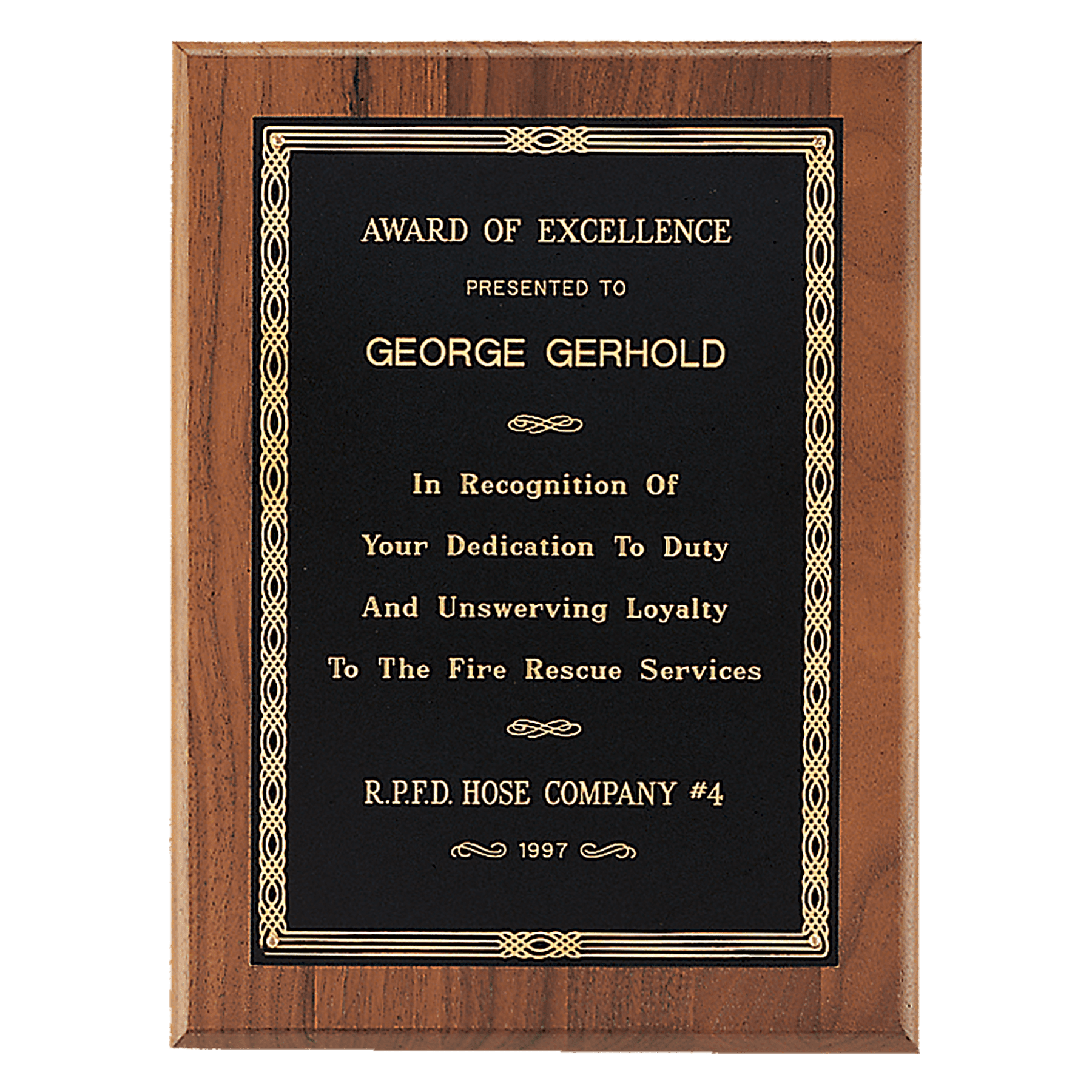 American Walnut Plaque with Black Brass Plate.