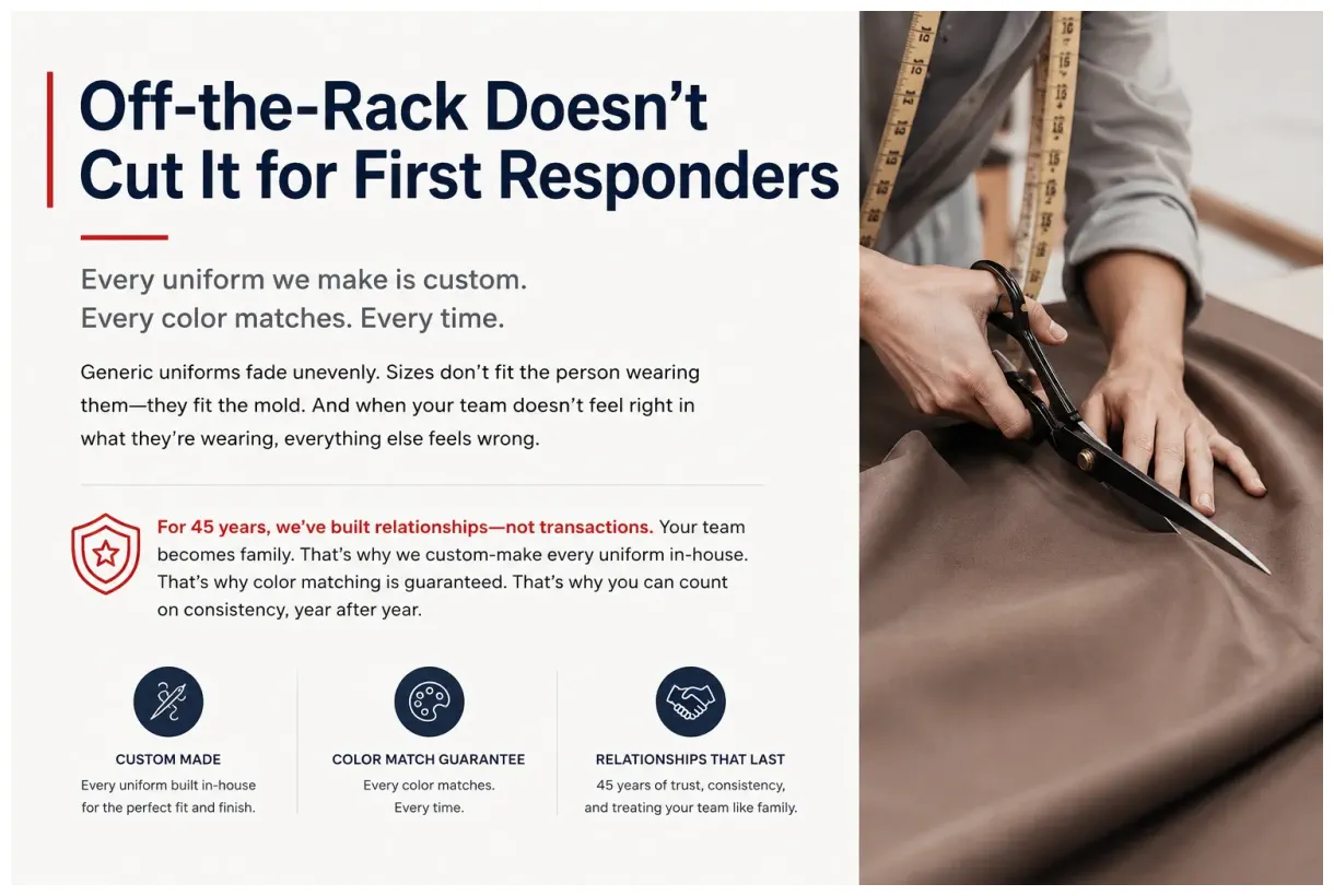 Every All American Awards & Uniforms uniform is built in-house for a precise, comfortable fit — no off-the-rack sizing, no generic molds. Each custom police uniform and firefighter uniform is measured and tailored individually so it fits the body of the person wearing it, not a standard size chart. Dyes are matched perfectly so every color matches across every shirt, pant, and jacket, every time. This is the difference between a ready-made uniform and a custom first responder uniform engineered for the job.
For more than 45 years, AAAU has outfitted police officers, firefighters, and EMS professionals across New York with custom uniforms built to perform. We supply NYPD, FDNY, and Nassau and Suffolk County fire and EMS departments with durable, color-matched gear that holds up under pressure on the street and in the field. Custom-made uniforms eliminate the faded, mismatched, ill-fitting problems of cheap stock gear and give your team a professional appearance that commands credibility. Because we control every step of tailoring in-house with no middleman, our uniform quality is consistent and reliable for years of service. When your department needs uniforms that fit right, match perfectly, and last, choose custom-made first responder uniforms from All American Awards & Uniforms.