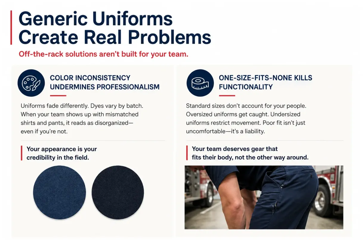 Generic uniforms fade unevenly and dye lots vary between batches, so your team shows up with mismatched shirts and pants that read as unorganized on the job. One-size-fits-none sizing means oversized uniforms get caught on equipment and undersized uniforms restrict movement, turning a uniform into a safety liability rather than protective gear. A poor-fitting uniform isn't just uncomfortable — it undermines your department's credibility and professionalism in the field.
All American Awards & Uniforms solves these problems with custom-made first responder uniforms that fit each individual and stay color-matched across every order. For 45 years we've built in-house uniforms for police, fire, and EMS teams across New York, tuning every cut for function and mobility so your people can move freely without baggy sleeves or tight seams. Fitted uniforms look sharper, last longer, and perform better in emergencies. Your team deserves gear that fits their body, not the other way around. Replace stock, generic uniforms with custom-tailored first responder uniforms from All American Awards & Uniforms that fit right, match perfectly, and stand up to the job.