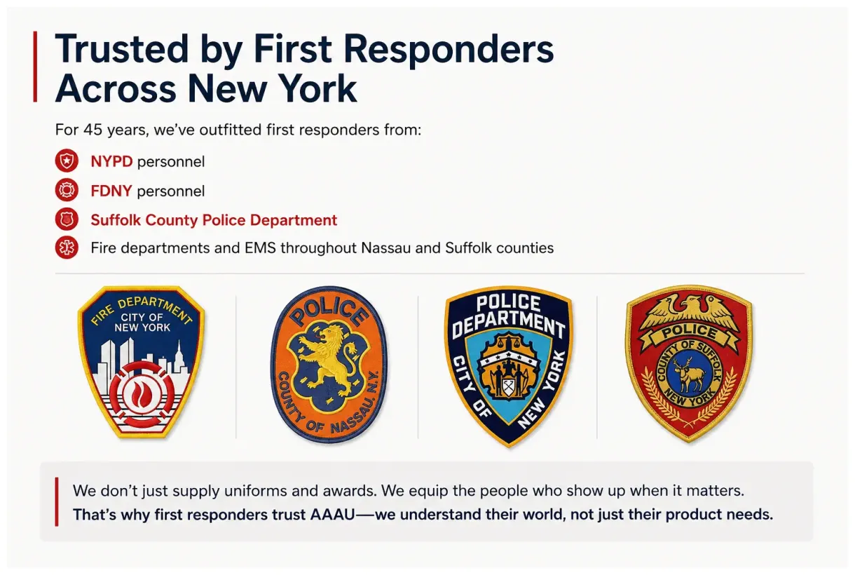 For 45 years, All American Awards & Uniforms has outfitted first responders across New York, supplying custom uniforms to NYPD personnel, FDNY personnel, the Suffolk County Police Department, and fire departments and EMS throughout Nassau and Suffolk counties. These are the departments that show up when it matters, and they trust AAAU to equip their people.
All American Awards & Uniforms doesn't just supply uniforms and awards — we equip the men and women who protect our communities. That's why first responders trust AAAU: we understand their world, not just their product needs. We deliver custom-made uniforms tailored in-house for a precise fit, with color matching that stays consistent across every order, at a quality that holds up in the field. From police uniforms to firefighter turnout gear to EMS apparel, AAAU provides professional first responder uniforms to departments throughout Long Island and New York City. When your department needs reliable, custom-fitted uniforms from a provider first responders already trust, contact All American Awards & Uniforms.