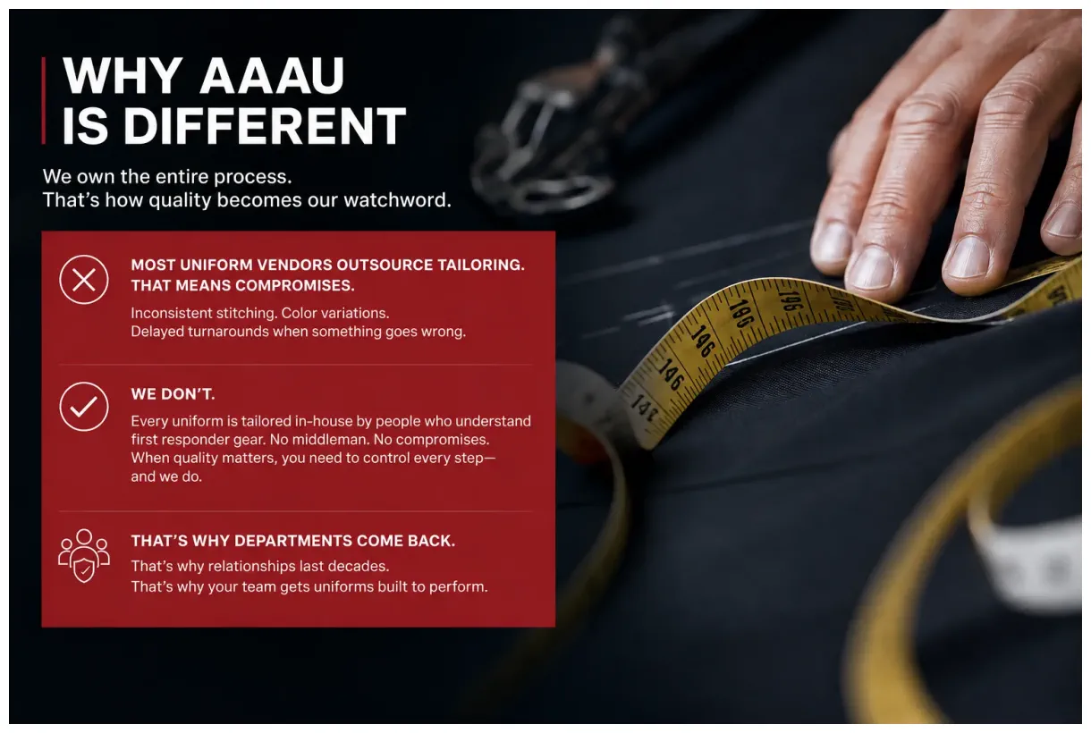 Most uniform vendors outsource tailoring, which means compromises — inconsistent stitching, color variations, and delayed turnarounds when something goes wrong. AAAU does not outsource. Every uniform is tailored in-house by people who understand first responder gear, with no middleman and no compromises. When uniform quality matters, we control every step of the process — measuring, cutting, sewing, and finishing — so the finished garment meets our exact standard.
This control is why departments come back to AAAU year after year and why our relationships last decades. Owning the entire process means consistent stitching, exact color matching, and dependable delivery you can plan around. For 45 years, All American Awards & Uniforms has outfitted NYPD, FDNY, and Nassau and Suffolk County first responder departments with custom uniforms built to perform. In-house tailoring is how quality becomes our watchword and how your team gets uniforms that fit correctly, match perfectly, and hold up on the job. Choose a uniform partner that owns its craft — choose the AAAU in-house tailoring difference.